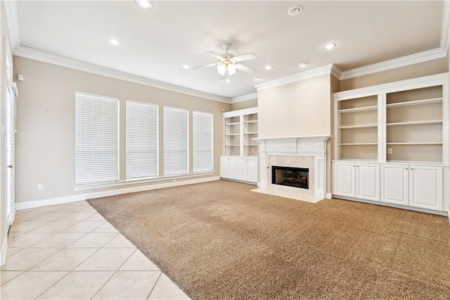 4908 Avron Blvd, Metairie, LA 70006 - unfurnished living room with a ceiling fan, recessed lighting, a premium fireplace, baseboards, and light tile patterned flooring