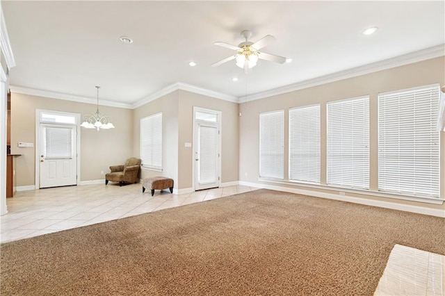 4908 Avron Blvd, Metairie, LA 70006 - living room featuring a chandelier, light tile patterned floors, recessed lighting, ceiling fan, and light carpet