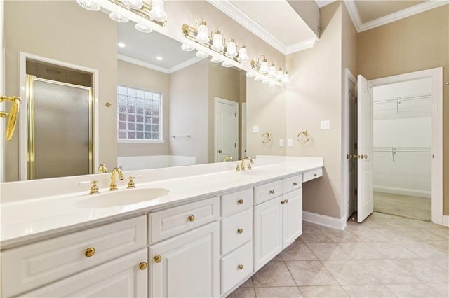 4908 Avron Blvd, Metairie, LA 70006 - bathroom featuring crown molding, a stall shower, double vanity, tile patterned flooring, and a garden tub