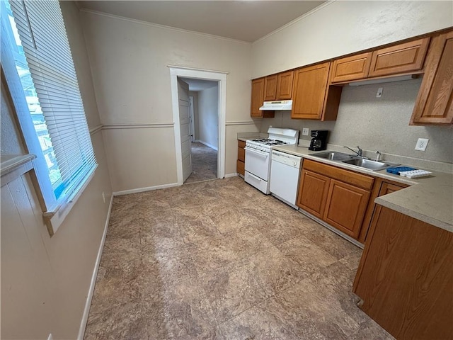 33739 Highway Dr, Jefferson, LA 70121 - kitchen featuring white appliances, a sink, under cabinet range hood, crown molding, and brown cabinetry