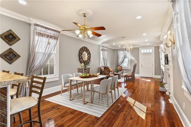2720 New Orleans St, New Orleans, LA 70119 - dining room featuring ornamental molding, a ceiling fan, wood-type flooring, baseboards, and recessed lighting