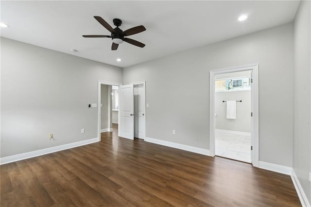 3225 Milan St, New Orleans, LA 70125 - unfurnished bedroom with dark wood-style floors, baseboards, recessed lighting, ensuite bath, and ceiling fan