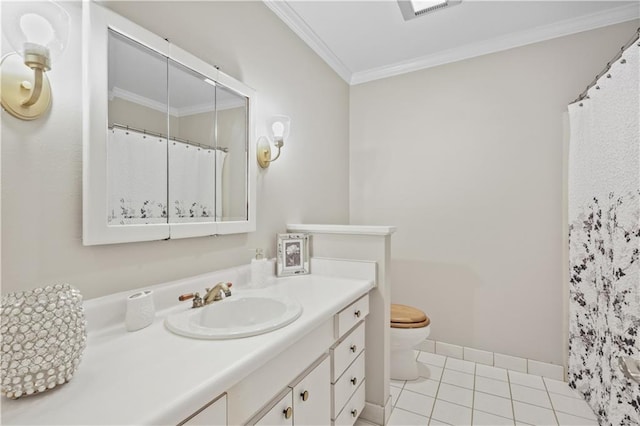 1029 Beverly Garden Dr, Metairie, LA 70002 - bathroom featuring toilet, vanity, crown molding, tile patterned flooring, and baseboards