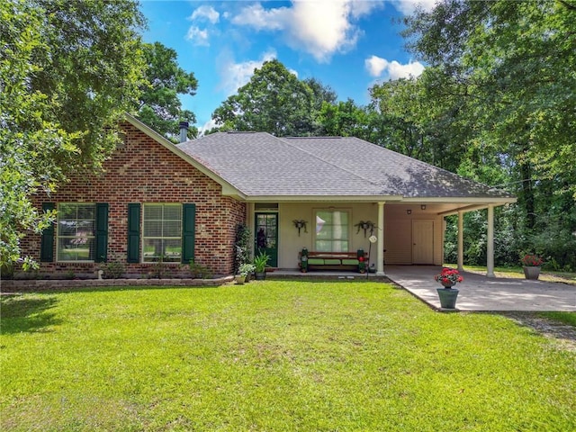 72158 Mill Rd, Abita Springs, LA 70420 - view of front of home with concrete driveway, a shingled roof, a front lawn, and a carport