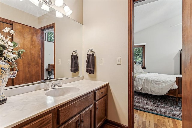 101 Lefleur Dr, Slidell, LA 70460 - ensuite bathroom featuring vanity, wood finished floors, healthy amount of natural light, and vaulted ceiling
