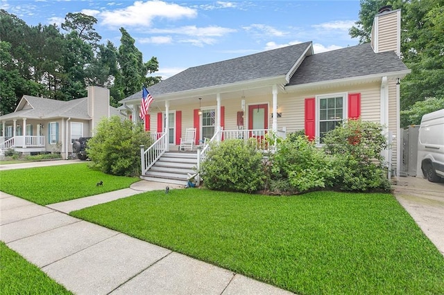 220 Canulette Rd, Slidell, LA 70458 - view of front facade with covered porch, a front lawn, a chimney, and a shingled roof