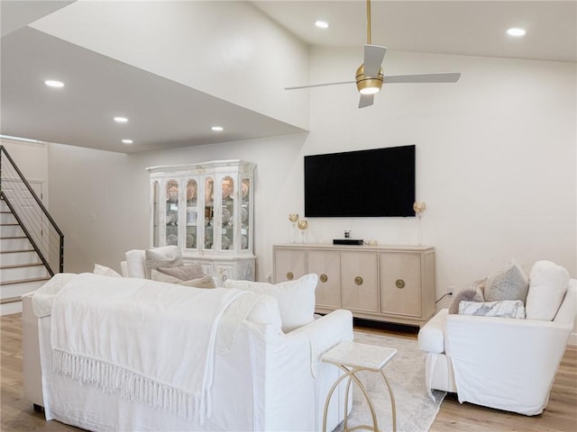 616 Marina Dr, Slidell, LA 70458 - living room with wood finished floors, recessed lighting, stairway, and ceiling fan