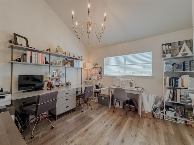 616 Marina Dr, Slidell, LA 70458 - home office with a chandelier, lofted ceiling, and wood finished floors