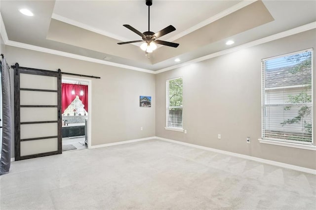 156 Egret St, Covington, LA 70433 - spare room featuring a raised ceiling, light carpet, baseboards, ornamental molding, and a barn door