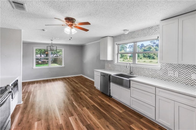 30425 Eden Church Rd, Denham Springs, LA 70726 - kitchen featuring stainless steel appliances, a sink, ceiling fan, decorative backsplash, and plenty of natural light