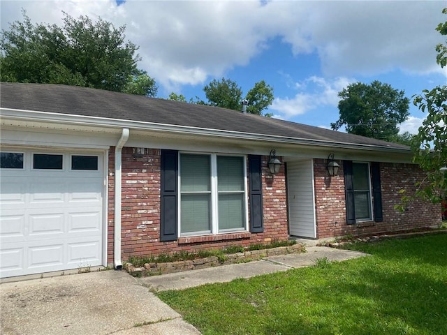 106 Matthews Dr, Slidell, LA 70458 - ranch-style home featuring a garage, brick siding, a front lawn, driveway, and a shingled roof