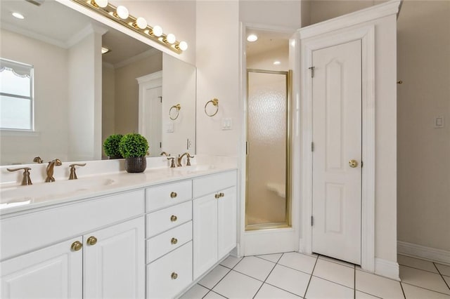 1715 Demosthenes St, Metairie, LA 70005 - full bathroom featuring ornamental molding, double vanity, a shower stall, and tile patterned flooring