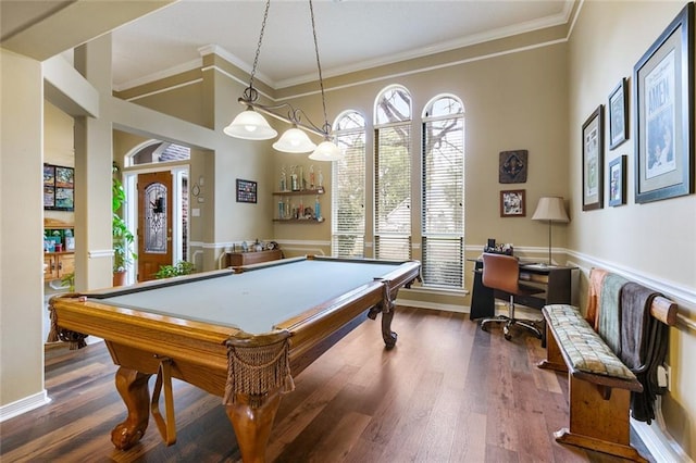 219 Bamboo Dr, Covington, LA 70433 - playroom with billiards, wood finished floors, and crown molding