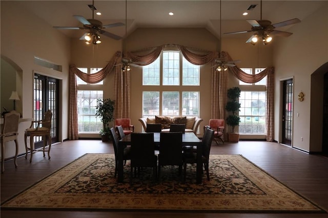 350 Emerald Forest Blvd Unit 17103, Covington, LA 70433 - dining area featuring a ceiling fan, healthy amount of natural light, high vaulted ceiling, and recessed lighting