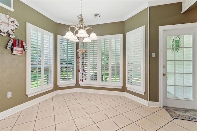 1424 Woodmere Dr, Mandeville, LA 70471 - unfurnished dining area featuring a chandelier, plenty of natural light, and ornamental molding