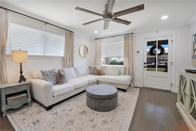 6208 Lafreniere St, Metairie, LA 70003 - living area with a ceiling fan, ornamental molding, recessed lighting, and dark wood finished floors