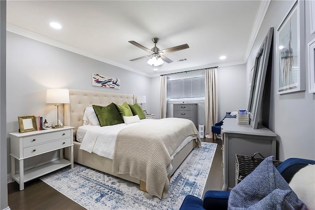 6208 Lafreniere St, Metairie, LA 70003 - bedroom with crown molding, wood finished floors, recessed lighting, and ceiling fan