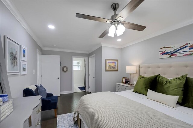 6208 Lafreniere St, Metairie, LA 70003 - bedroom featuring ornamental molding, recessed lighting, wood finished floors, ceiling fan, and baseboards