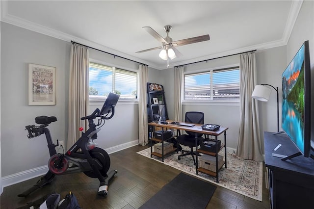 6208 Lafreniere St, Metairie, LA 70003 - home office with ceiling fan, healthy amount of natural light, crown molding, baseboards, and dark wood-type flooring