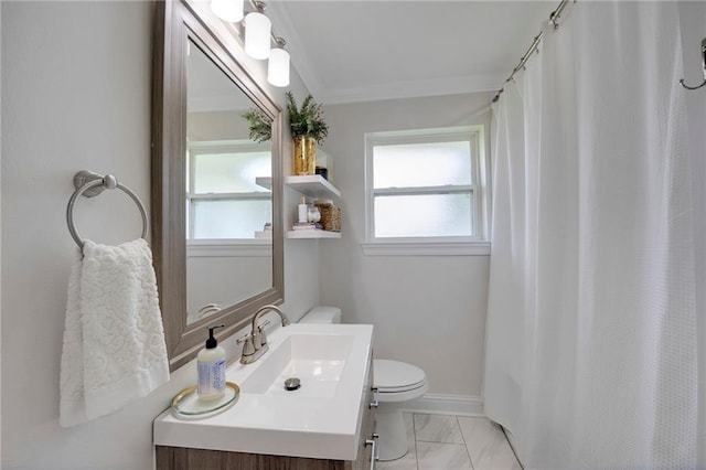 6208 Lafreniere St, Metairie, LA 70003 - bathroom featuring toilet, vanity, marble look tile flooring, a shower with curtain, and baseboards