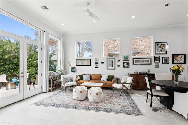 450 Carrollton Ave, Metairie, LA 70005 - living area with crown molding, a ceiling fan, french doors, and recessed lighting
