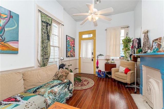 262830 N Rampart St, New Orleans, LA 70117 - living area with hardwood / wood-style flooring, a fireplace, and ceiling fan