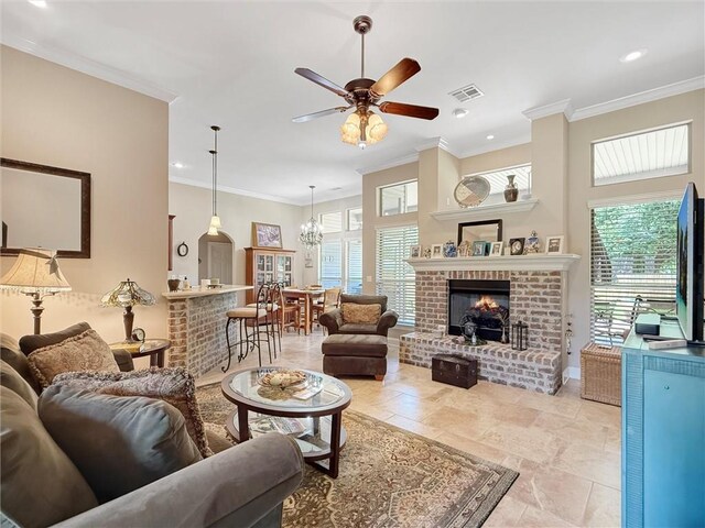 232 Old Mill Loop, Pearl River, LA 70452 - living area with healthy amount of natural light, a brick fireplace, a ceiling fan, ornamental molding, and recessed lighting