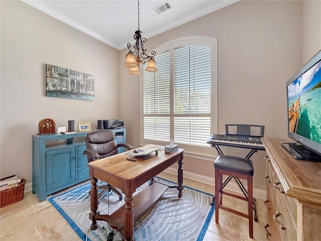 232 Old Mill Loop, Pearl River, LA 70452 - home office with crown molding, light tile patterned flooring, baseboards, and a chandelier