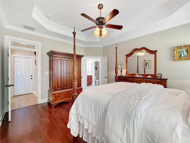 232 Old Mill Loop, Pearl River, LA 70452 - bedroom with a tray ceiling, crown molding, dark wood-style flooring, and ceiling fan