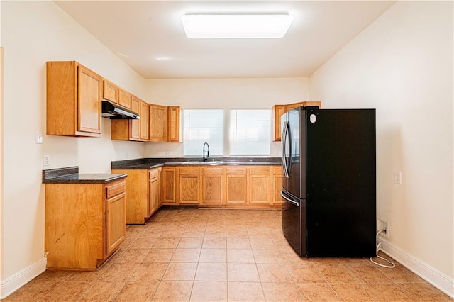 1606 N Broad St, New Orleans, LA 70119 - kitchen featuring freestanding refrigerator, under cabinet range hood, baseboards, a sink, and dark countertops