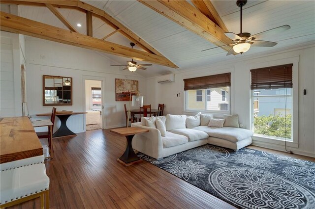 3113 Bayou View Pl, Slidell, LA 70458 - living area with ceiling fan, a wall mounted AC, beam ceiling, wood finished floors, and high vaulted ceiling