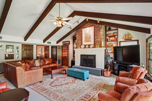 214 Tchefuncte Dr, Covington, LA 70433 - living area featuring ceiling fan, carpet floors, and a fireplace with raised hearth