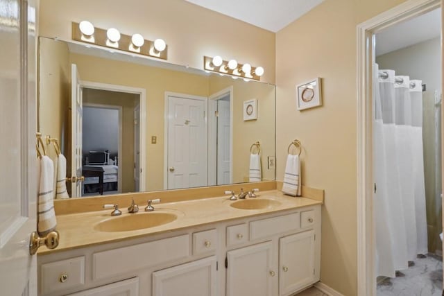 214 Tchefuncte Dr, Covington, LA 70433 - full bath featuring double vanity and a shower with shower curtain