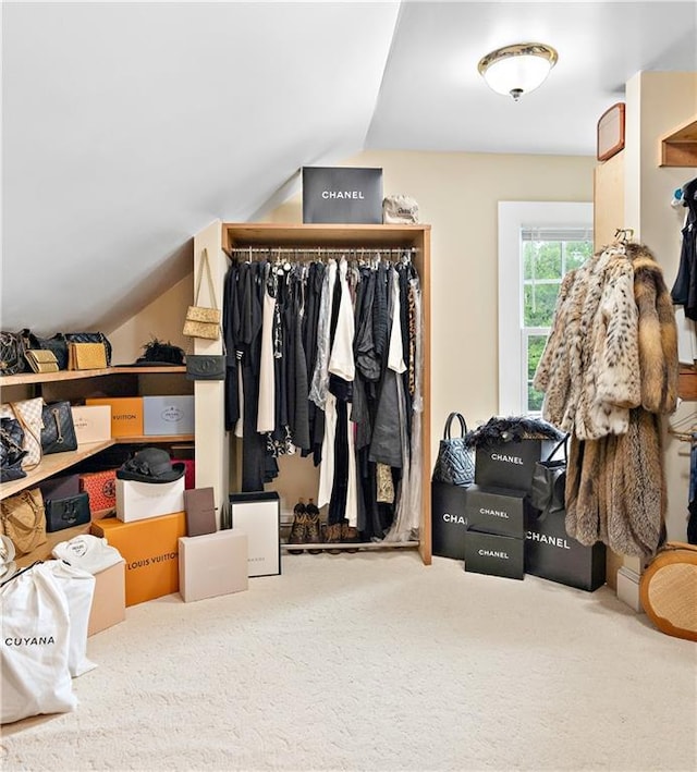 20263 Brunning Rd, Covington, LA 70435 - walk in closet featuring vaulted ceiling and carpet flooring