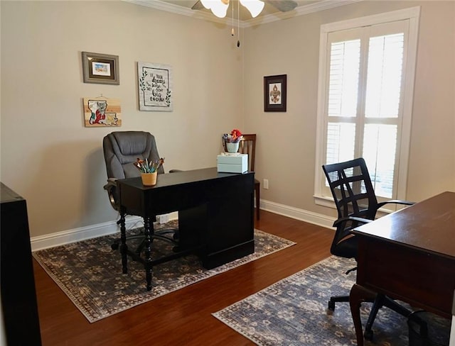 3444 Texas Ave, Kenner, LA 70065 - office area featuring ornamental molding, a ceiling fan, plenty of natural light, wood finished floors, and baseboards