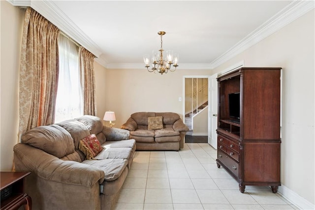 4909 Sunny Pl, Metairie, LA 70006 - living area with a chandelier, crown molding, light tile patterned floors, baseboards, and stairs