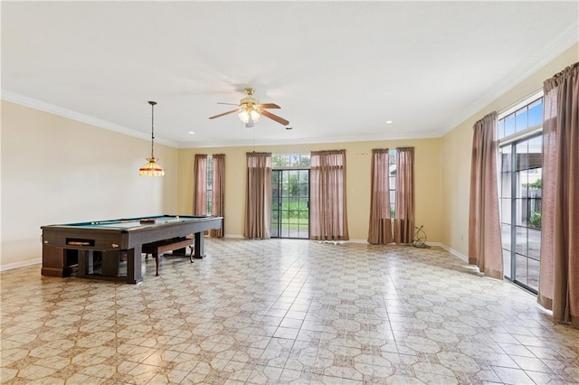 4909 Sunny Pl, Metairie, LA 70006 - recreation room featuring billiards, ceiling fan, baseboards, ornamental molding, and recessed lighting