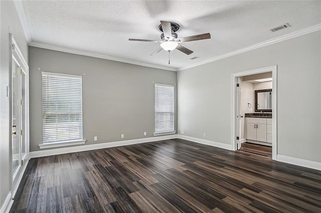 240 Silver Maple Dr, Mandeville, LA 70471 - unfurnished room with dark wood-style floors, a ceiling fan, plenty of natural light, a textured ceiling, and ornamental molding