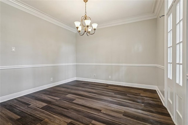 240 Silver Maple Dr, Mandeville, LA 70471 - empty room with a chandelier, crown molding, baseboards, and dark wood-type flooring
