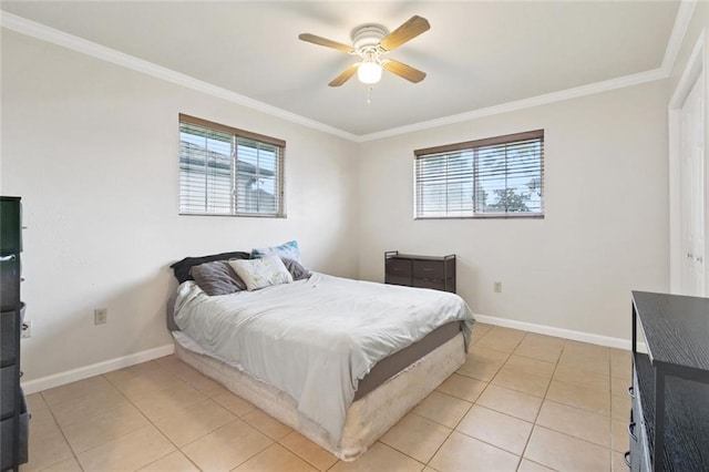 2716 Volpe Dr, Chalmette, LA 70043 - bedroom with multiple windows, ornamental molding, light tile patterned floors, baseboards, and ceiling fan