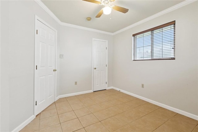 2716 Volpe Dr, Chalmette, LA 70043 - empty room with ornamental molding, ceiling fan, baseboards, and light tile patterned floors