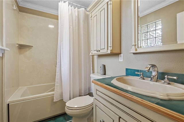 3913 Bellview St, Metairie, LA 70002 - full bathroom featuring toilet, vanity, ornamental molding, shower / tub combo, and tile patterned flooring