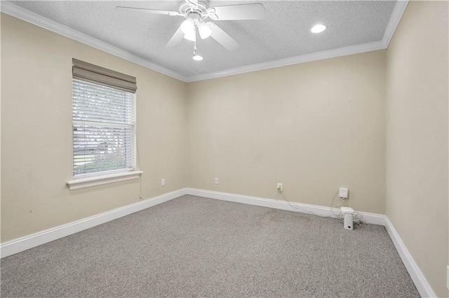 3913 Bellview St, Metairie, LA 70002 - carpeted spare room featuring a textured ceiling, crown molding, ceiling fan, baseboards, and recessed lighting