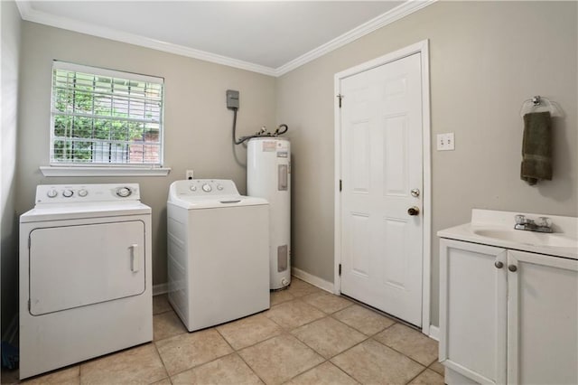4811 Perelli Dr, New Orleans, LA 70127 - laundry area with electric water heater, cabinet space, washer and dryer, ornamental molding, and light tile patterned flooring