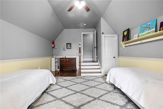 1180 Brook Ct, Mandeville, LA 70448 - bedroom with vaulted ceiling, ceiling fan, and wood finished floors