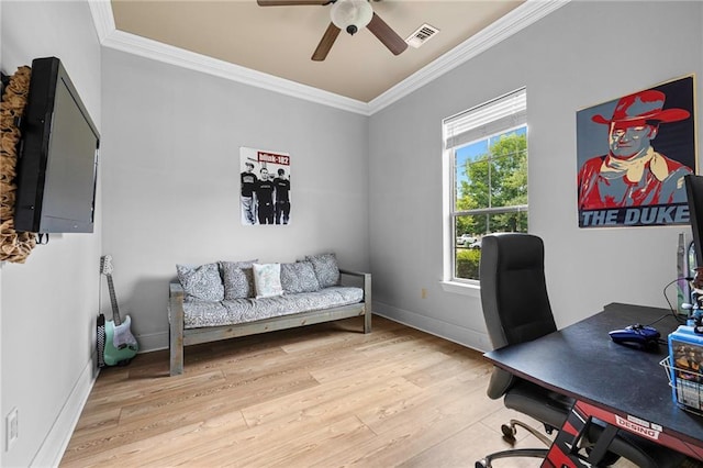 1180 Brook Ct, Mandeville, LA 70448 - office area featuring ornamental molding, light wood-type flooring, a ceiling fan, and baseboards