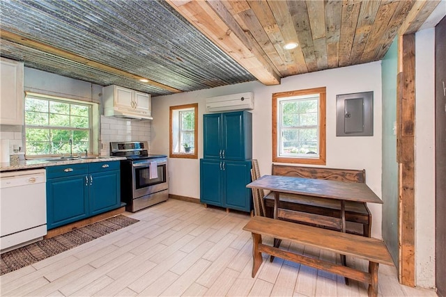 47380 Cardinal Dr, Franklinton, LA 70438 - kitchen with stainless steel range with electric stovetop, dishwasher, blue cabinets, electric panel, and wood ceiling