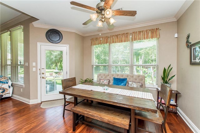 39749 Mark Ct, Ponchatoula, LA 70454 - dining area with wood finished floors, crown molding, baseboards, and a ceiling fan