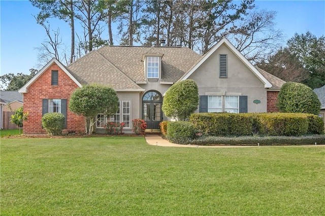 1449 Sycamore Pl, Mandeville, LA 70448 - view of front facade featuring french doors, a front lawn, and roof with shingles