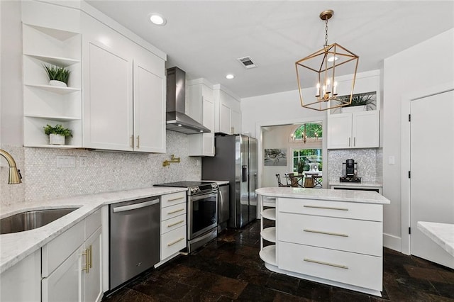4 N Azalea Dr, Covington, LA 70433 - kitchen featuring open shelves, wall chimney exhaust hood, stainless steel appliances, a sink, and recessed lighting